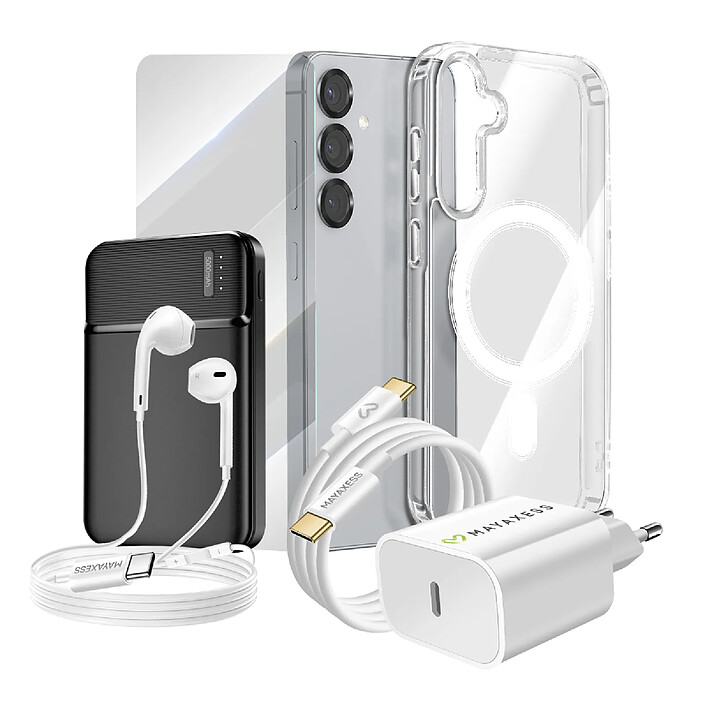 Mayaxess Pack Complet pour Galaxy S25 Coque, Verre, Chargeur, Batterie Externe, Écouteurs (6 pièces) Transparent