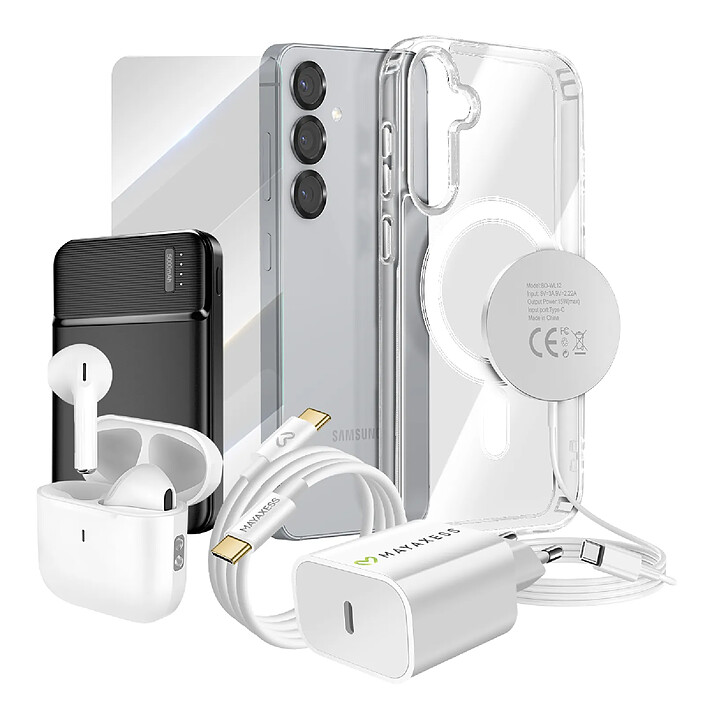 Mayaxess Pack Elite pour Galaxy S25 Coque, Verre, Chargeur, Batterie Externe, Magsafe, Écouteurs Bluetooth (7 pièces) Transparent