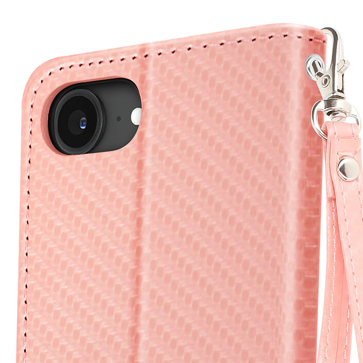 Acheter Étui à Clapet pour iPhone 17e Effet Carbone avec Porte-Cartes et Support Rose