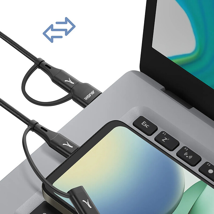 Avis Akashi Câble 4 en 1 USB-C et USB vers USB-C et Lightning Charge 20W 1m Noir