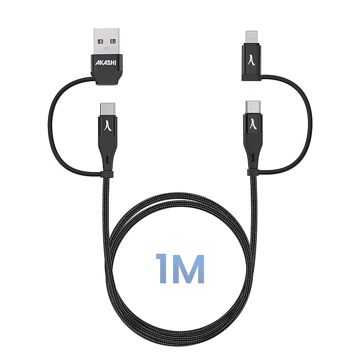 Akashi Câble 4 en 1 USB-C et USB vers USB-C et Lightning Charge 20W 1m Noir pas cher