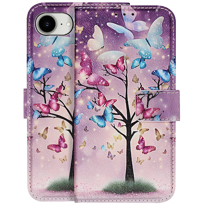 Avizar Étui Portefeuille pour iPhone 17e Motif Arbre de Papillon avec Support et Dragonne Violet