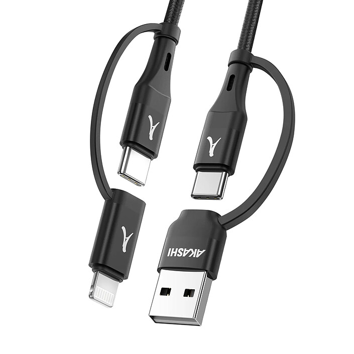Akashi Câble 4 en 1 USB-C et USB vers USB-C et Lightning Charge 20W 1m Noir