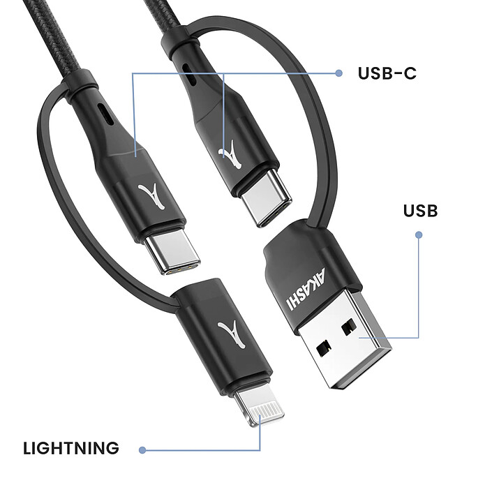 Acheter Akashi Câble 4 en 1 USB-C et USB vers USB-C et Lightning Charge 20W 1m Noir