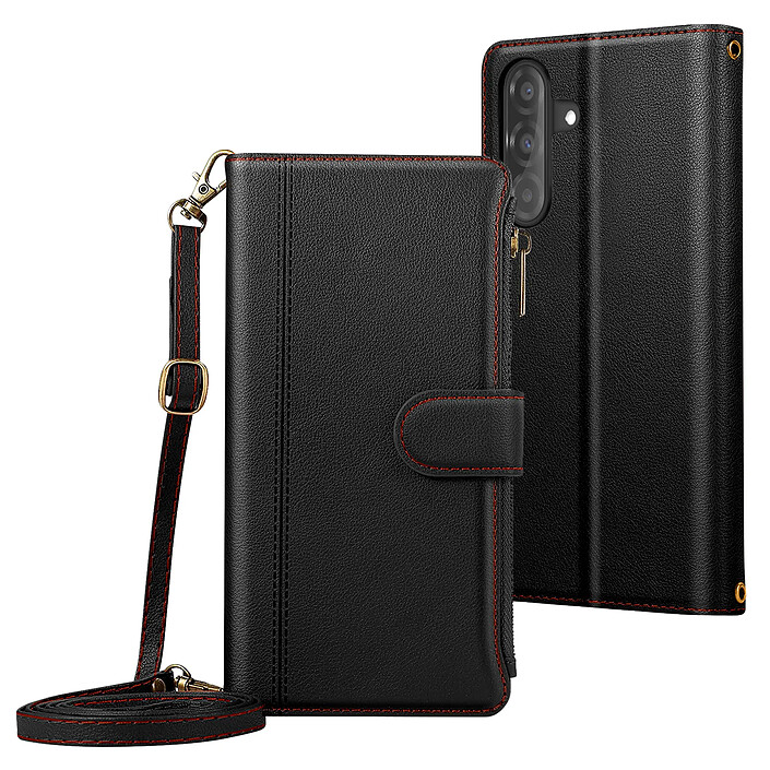 Avizar Étui Folio pour Samsung Galaxy A37 à Zip avec Bandoulière Amovible Noir