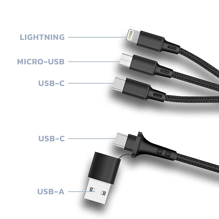 Acheter Akashi Câble de Charge 5-en-1 USB et USB-C vers USB-C Micro USB Lightning Noir