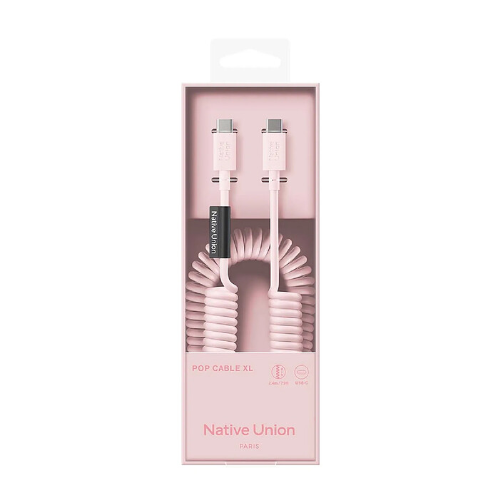 Native Union Câble USB-C vers USB-C 60W Spiralé 2.4m Série POP Charge Rapide Rose pas cher