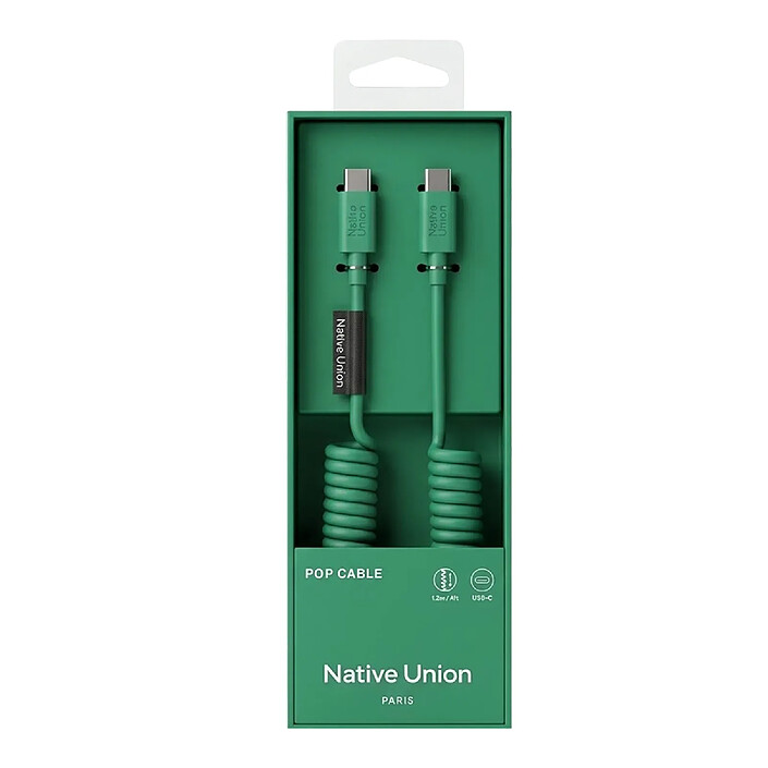 Native Union Câble USB-C vers USB-C 60W Spiralé 1.2m Série POP Charge Rapide Vert pas cher