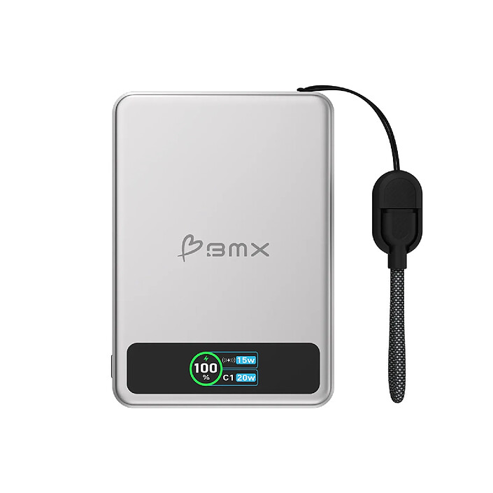 BMX Batterie Externe MagSafe SolidSafe 5000mAh Qi2 15W avec Écran LCD et Câble USB-C Argent