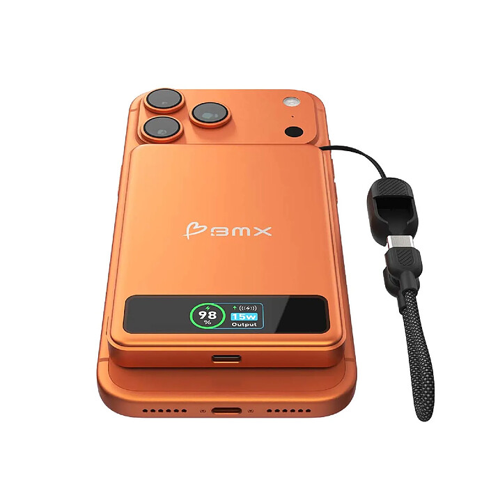 Avis BMX Batterie Externe MagSafe SolidSafe 5000mAh Qi2 15W avec Écran LCD et Câble USB-C Orange
