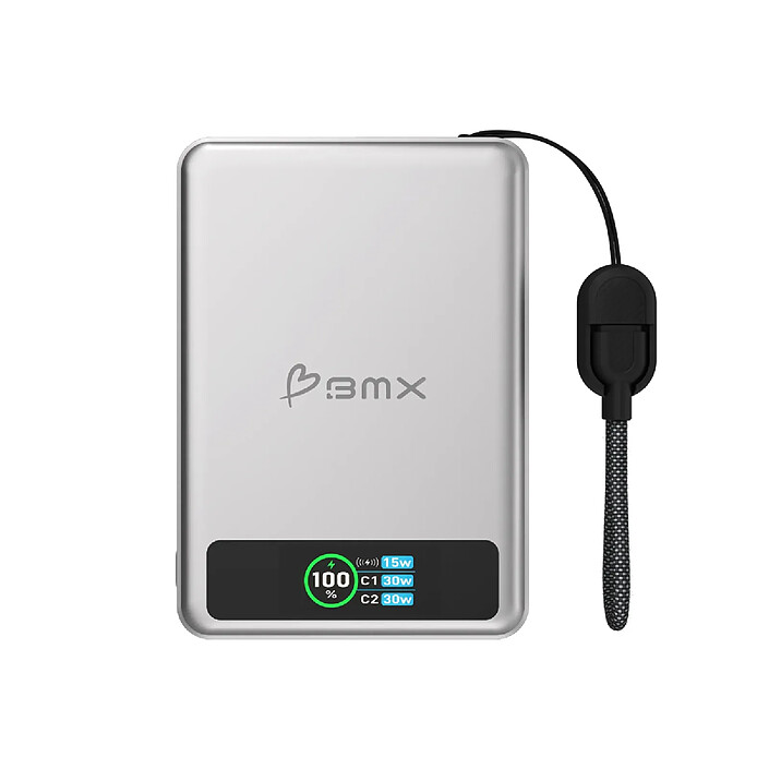BMX Batterie Externe MagSafe SolidSafe 10000mAh Qi2 15W avec Écran et Câble USB-C Argent