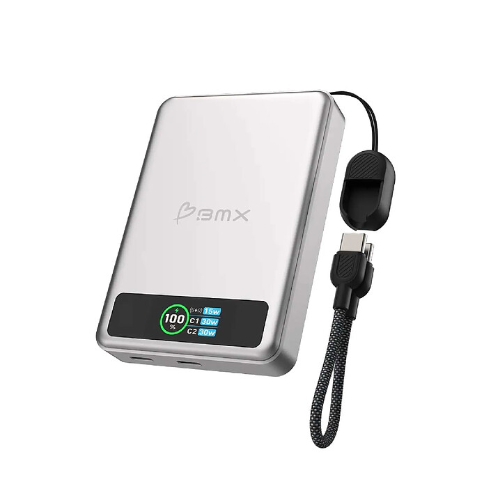 Avis BMX Batterie Externe MagSafe SolidSafe 10000mAh Qi2 15W avec Écran et Câble USB-C Argent