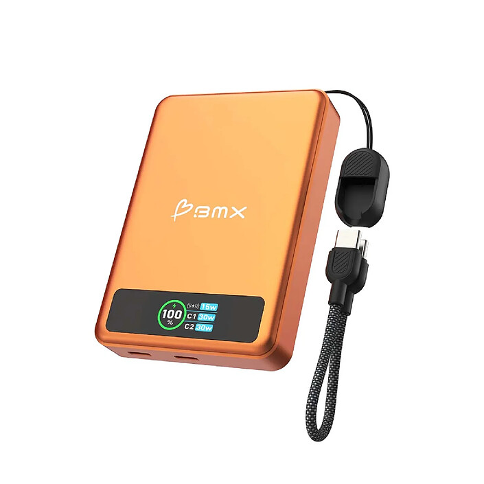 Avis BMX Batterie Externe MagSafe SolidSafe 10000mAh Qi2 15W avec Écran et Câble USB-C Orange