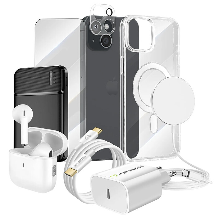 Mayaxess Pack Elite pour  Coque, Verre, Chargeurs, Batterie externe, Magsafe, Écouteurs Bluetooth (8 pièces) Transparent