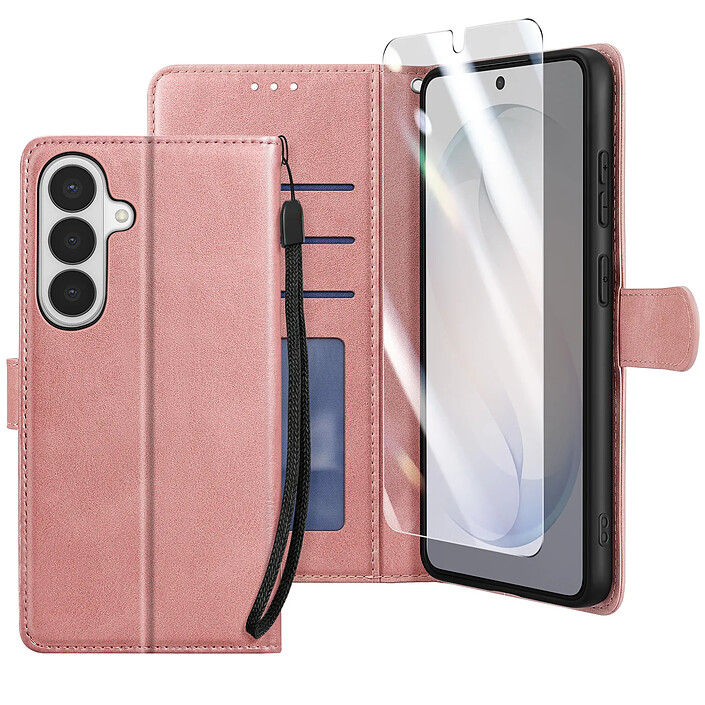 Enkay Étui Portefeuille pour Galaxy S26 avec Verre Trempé et Dragonne Rose