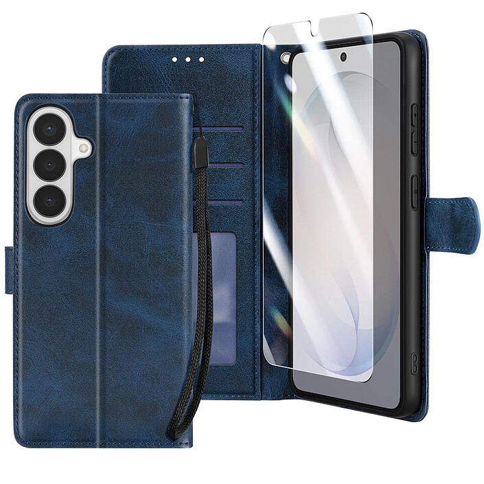 Enkay Étui Portefeuille pour Galaxy S26 avec Verre Trempé et Dragonne Bleu nuit