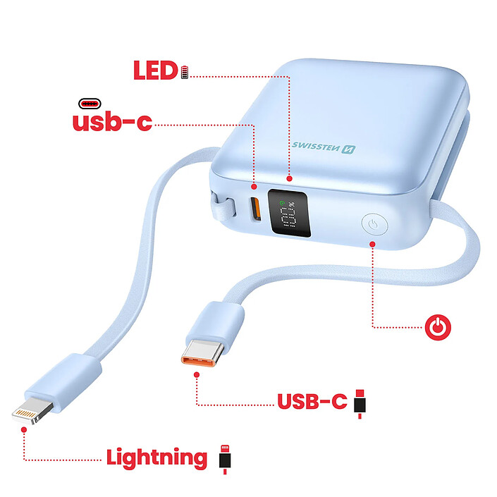 Avis Swissten Batterie Externe 10000mAh 22.5W avec Câbles USB / Lightning et Écran LCD Bleu