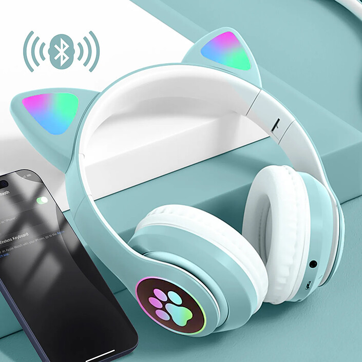 Avizar Casque Sans Fil Bluetooth pour Enfant avec Oreilles Chat Lumineux RGB Vert Menthe pas cher