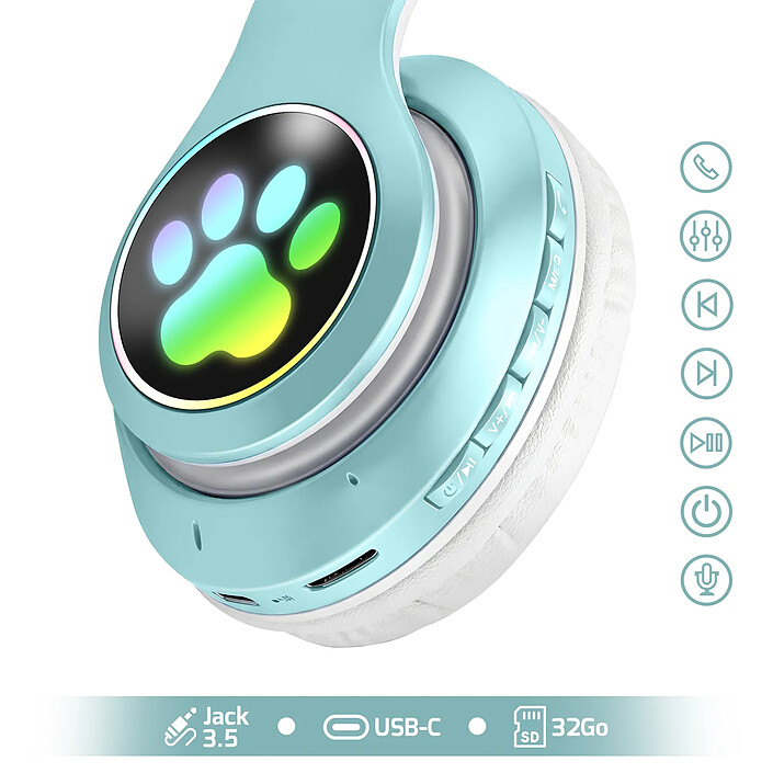 Avis Avizar Casque Sans Fil Bluetooth pour Enfant avec Oreilles Chat Lumineux RGB Vert Menthe