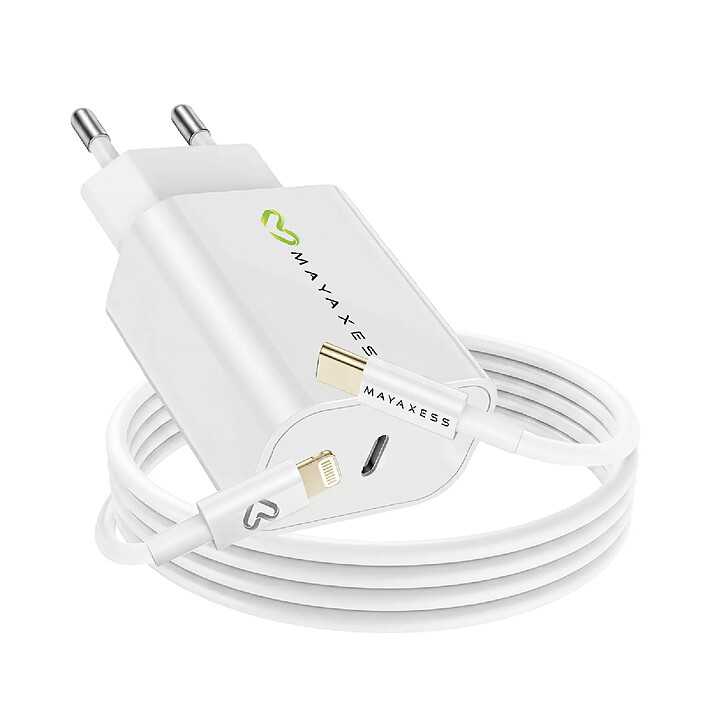 Mayaxess Chargeur Secteur pour iPhone SE 2022 18W + Câble Lightning 1m Blanc