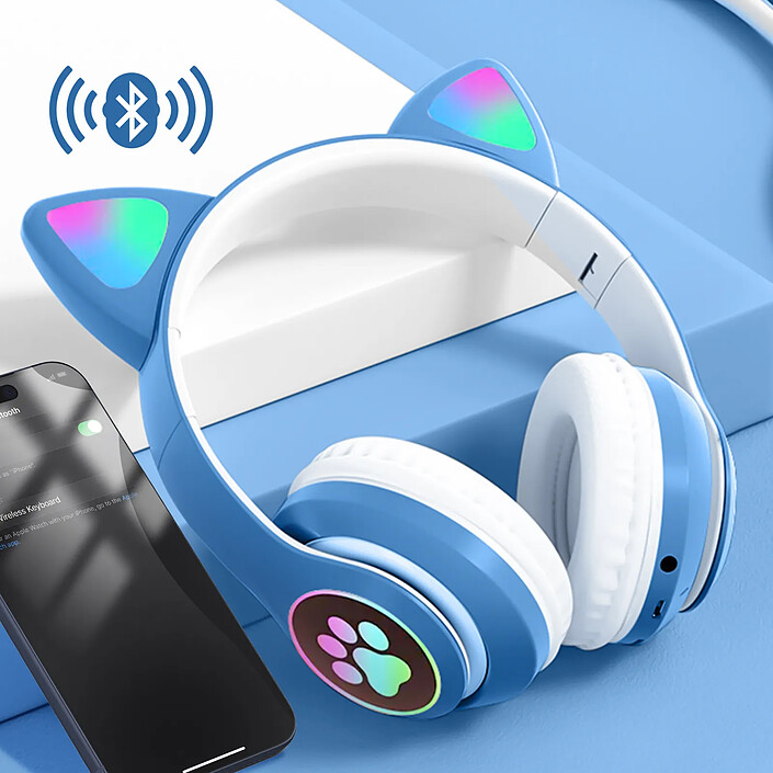 Avizar Casque Sans Fil Bluetooth pour Enfant avec Oreilles Chat Lumineux RGB Blanc / Bleu pas cher