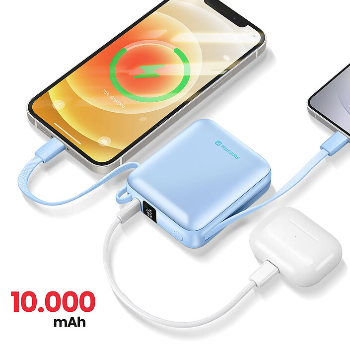 Acheter Swissten Batterie Externe 10000mAh 22.5W avec Câbles USB / Lightning et Écran LCD Bleu