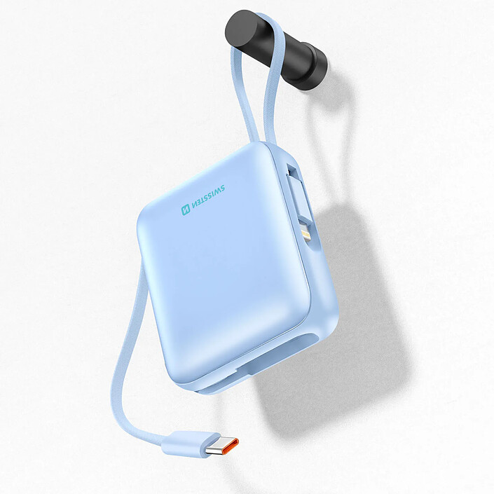 Swissten Batterie Externe 10000mAh 22.5W avec Câbles USB / Lightning et Écran LCD Bleu pas cher