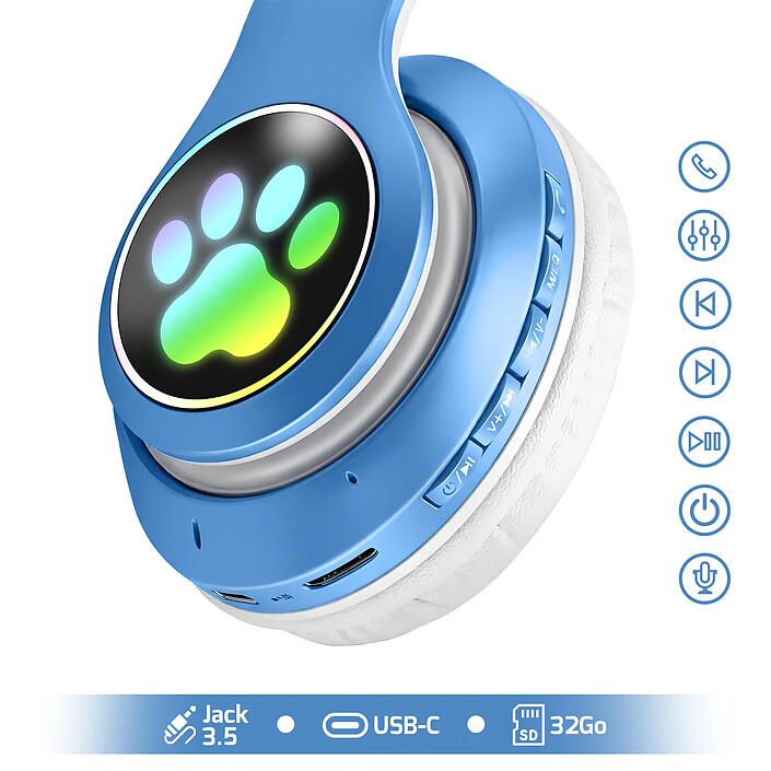 Avis Avizar Casque Sans Fil Bluetooth pour Enfant avec Oreilles Chat Lumineux RGB Blanc / Bleu