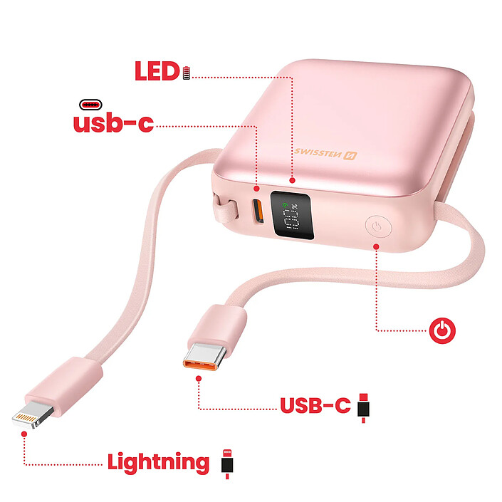 Avis Swissten Batterie Externe 10000mAh 22.5W avec Câbles USB / Lightning et Écran LCD Rose