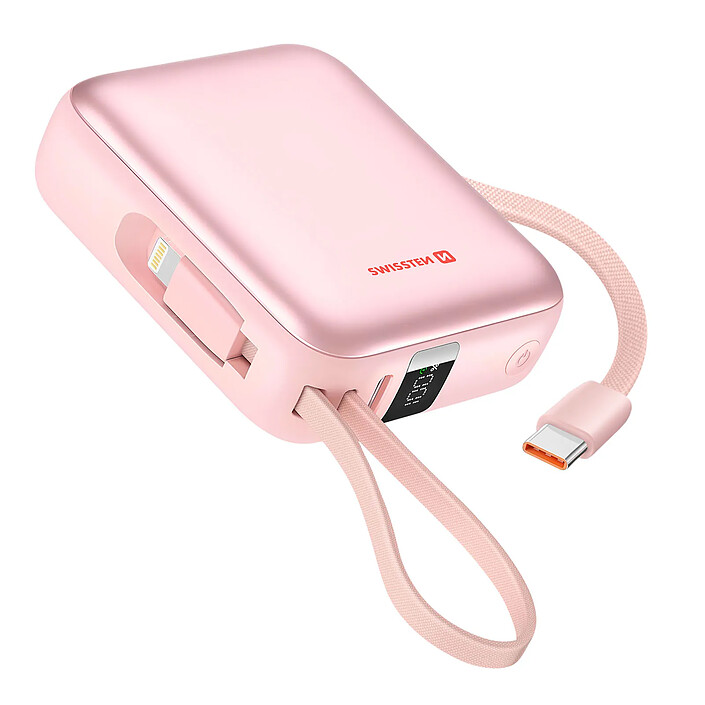 Swissten Batterie Externe 10000mAh 22.5W avec Câbles USB / Lightning et Écran LCD Rose