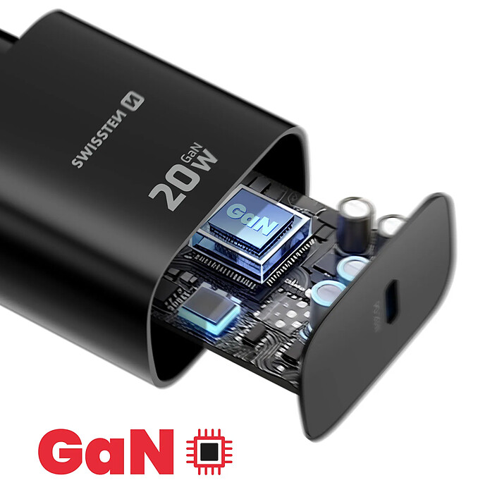 Swissten Chargeur Secteur USB-C GaN 20W Power Delivery avec Protection Intégré Noir pas cher