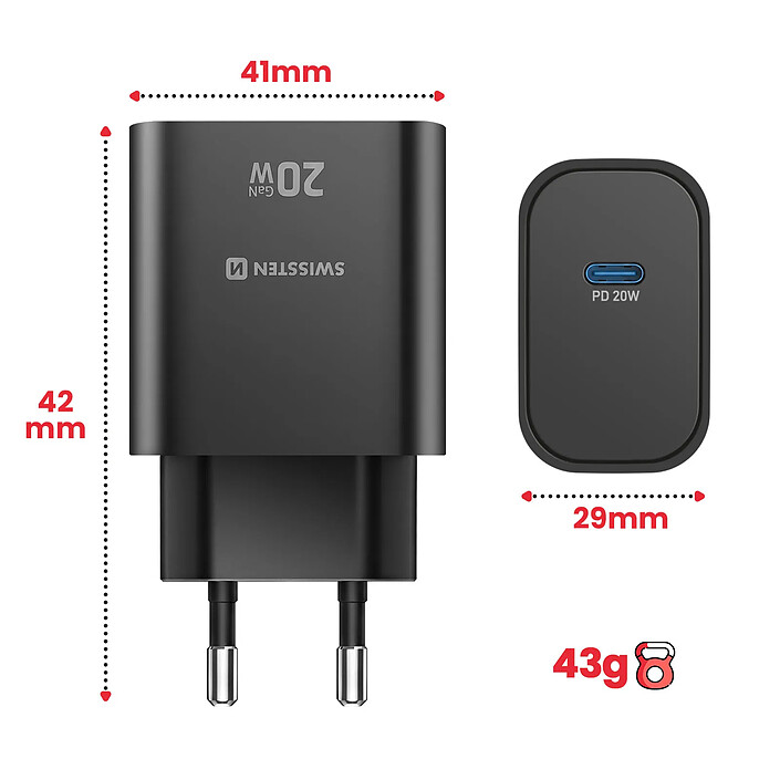 Avis Swissten Chargeur Secteur USB-C GaN 20W Power Delivery avec Protection Intégré Noir