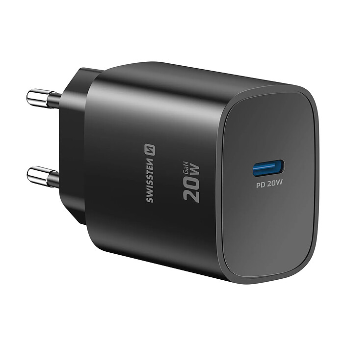 Swissten Chargeur Secteur USB-C GaN 20W Power Delivery avec Protection Intégré Noir