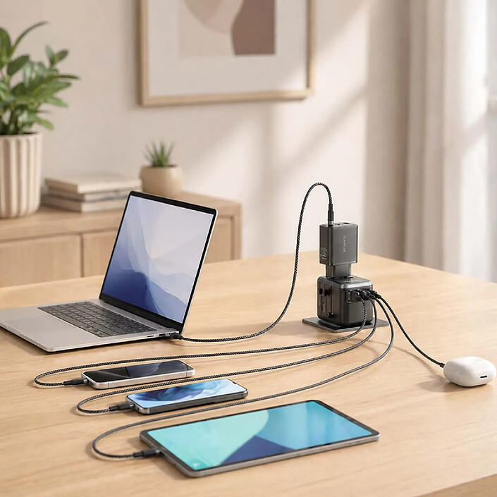 Avis VENTION Adaptateur de Voyage Universel 4 Ports USB avec Câble USB-C Technologie GaN Noir