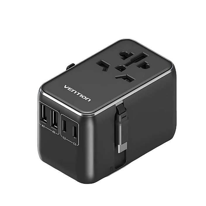 VENTION Adaptateur de Voyage Universel 4 Ports USB avec Câble USB-C Technologie GaN Noir pas cher