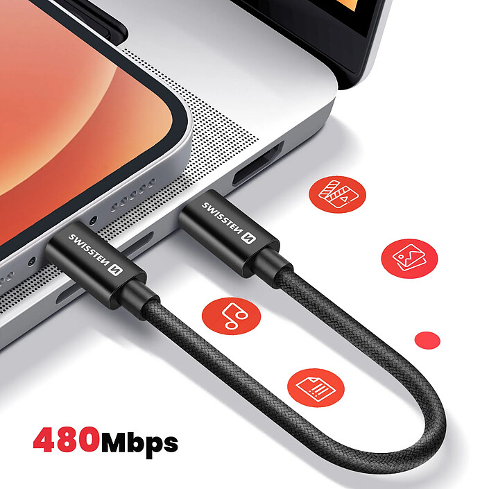 Acheter Swissten Mini Câble USB-C vers USB-C 20 Cm 60W Universel Charge et Transfert Rapide Noir
