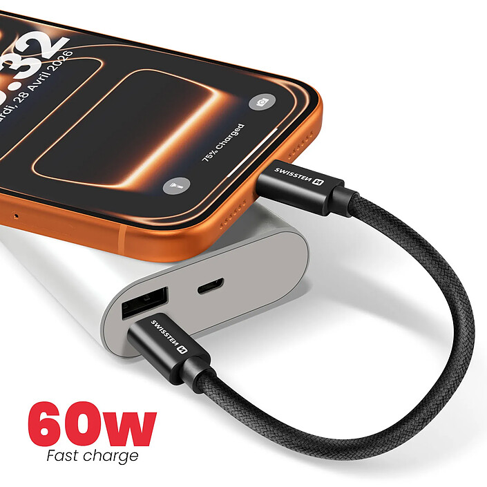 Avis Swissten Mini Câble USB-C vers USB-C 20 Cm 60W Universel Charge et Transfert Rapide Noir