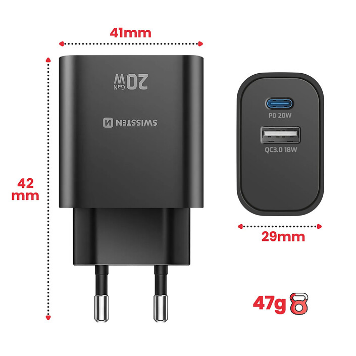 Avis Swissten Chargeur USB-C 20W Power Delivery et USB-A Quick Charge 3.0 18W Noir