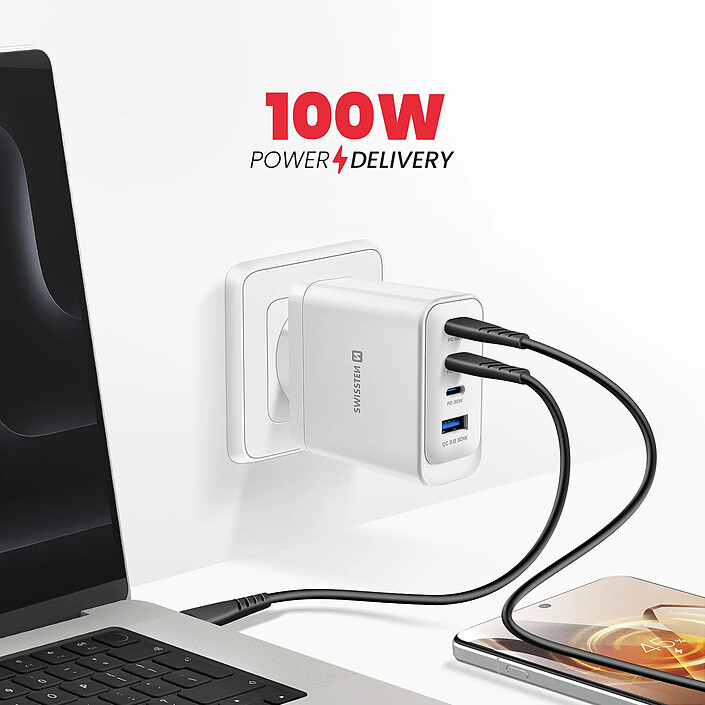 Acheter Swissten Chargeur Secteur Multiport 4-en-1 USB-A / 3 USB-C PD 100W GaN Modèle Core Blanc