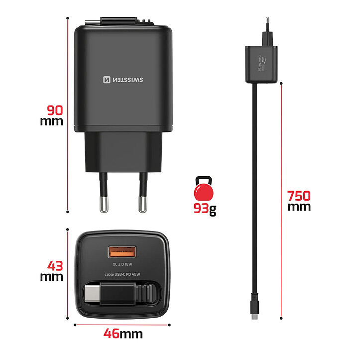 Avis Swissten Chargeur Secteur USB-A 45W avec Câble Rétractable USB-C 0.75m Intégré Noir