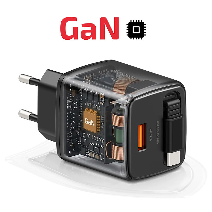Swissten Chargeur Secteur USB-A 30W avec Câble Rétractable USB-C 0.75m Intégré Noir pas cher