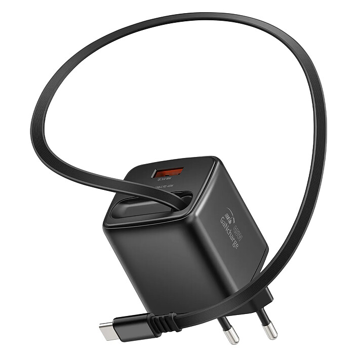 Swissten Chargeur Secteur USB-A 45W avec Câble Rétractable USB-C 0.75m Intégré Noir