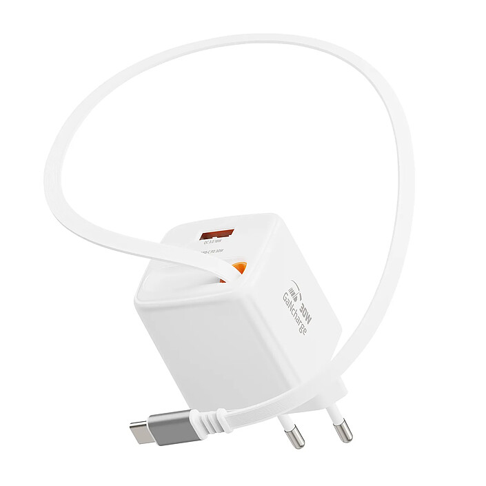 Swissten Chargeur Secteur USB-A 30W avec Câble Rétractable USB-C 0.75m Intégré Blanc