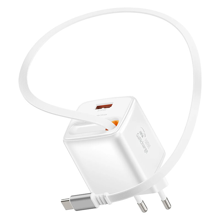 Swissten Chargeur Secteur USB-A 45W avec Câble Rétractable USB-C 0.75m Intégré Blanc