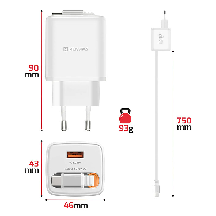 Avis Swissten Chargeur Secteur USB-A 45W avec Câble Rétractable USB-C 0.75m Intégré Blanc