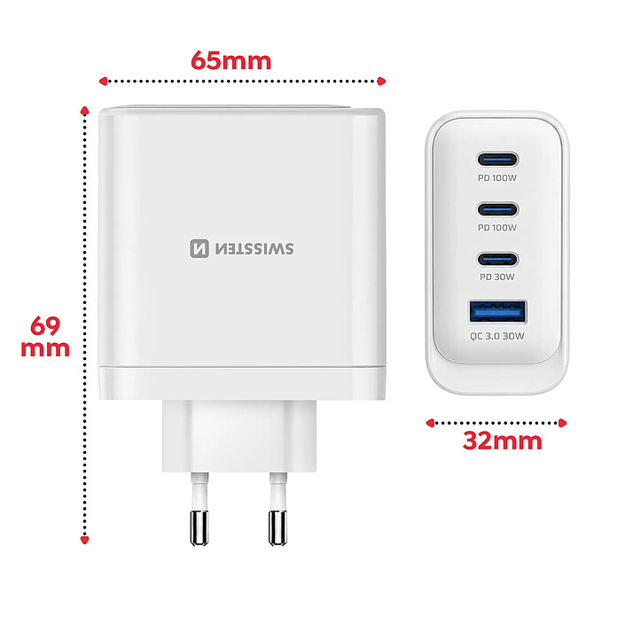 Avis Swissten Chargeur Secteur Multiport 4-en-1 USB-A / 3 USB-C PD 100W GaN Modèle Core Blanc