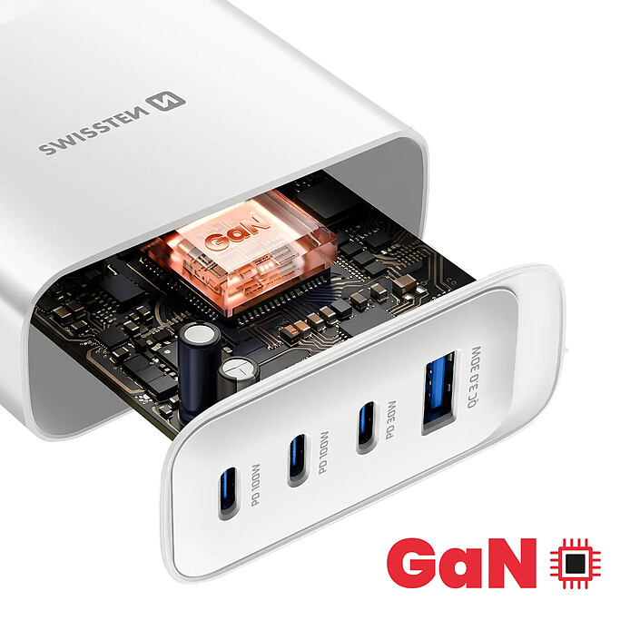 Swissten Chargeur Secteur Multiport 4-en-1 USB-A / 3 USB-C PD 100W GaN Modèle Core Blanc pas cher