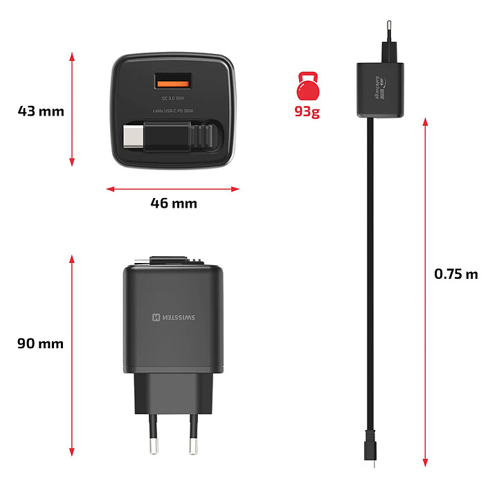 Avis Swissten Chargeur Secteur USB-A 30W avec Câble Rétractable USB-C 0.75m Intégré Noir