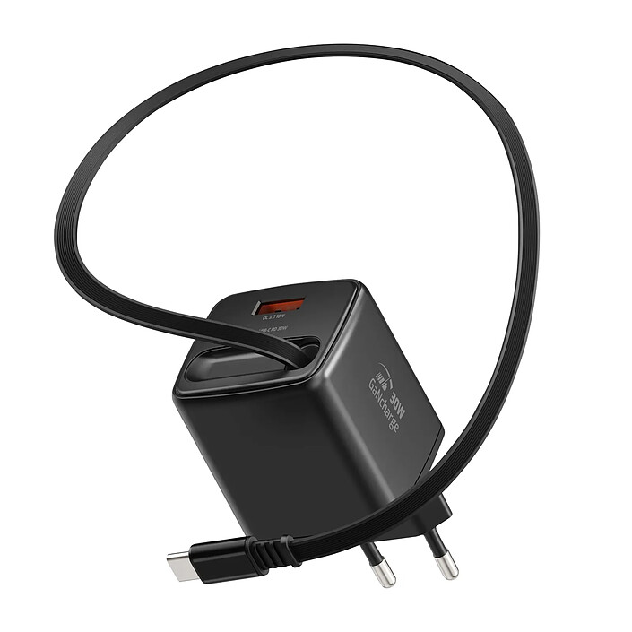 Swissten Chargeur Secteur USB-A 30W avec Câble Rétractable USB-C 0.75m Intégré Noir