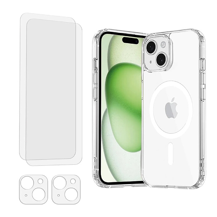 Evetane Coque iPhone 15 Plus Antichoc compatible Magsafe + 2 Protections écran et 2 protections Objectif Caméra